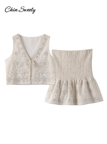 Conjunto de 2 piezas de faldas de moda para mujer, con abalorios, encaje, chaleco corto, cintura alta, falda plisada, traje 2025, nuevo conjunto a juego para mujer.
