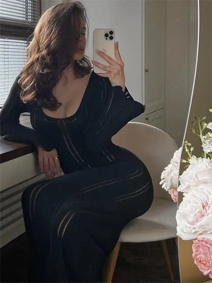 Vestido largo de punto calado con espalda descubierta para mujer, ajustado, de cintura alta, elegante, para fiesta de otoño
