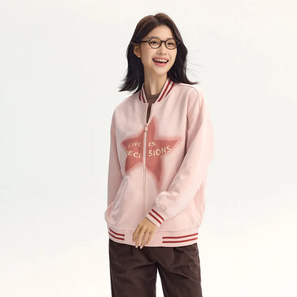 Abrigo de mujer de largo medio de gamuza sintética, chaqueta holgada de color contrastante, abrigo de béisbol con estrellas estilo retro americano con letras de otoño