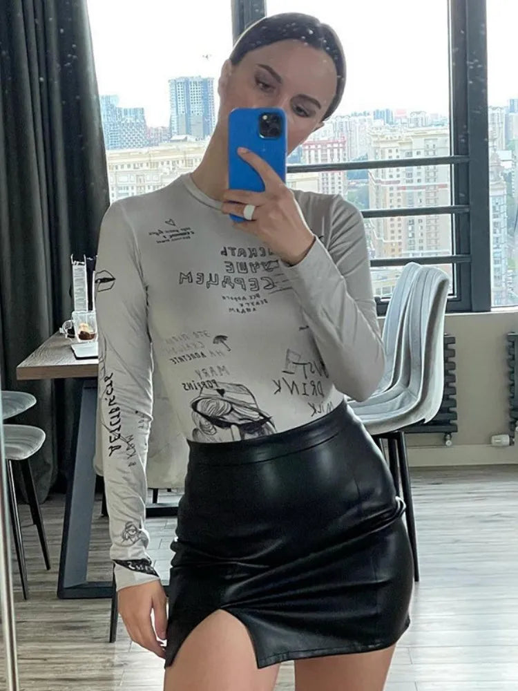 Body sexy ajustado con estampado de letras para mujer, top corto Y2k, ropa de manga larga, body femenino ajustado