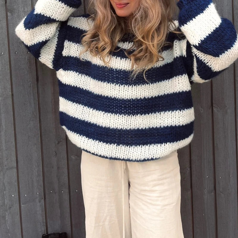 Suéteres de punto holgados a rayas para mujer, moda de otoño y primavera, de manga larga, estilo vintage grunge Y2K, ropa preppy