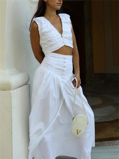 Conjunto de dos piezas plisado blanco para mujer, falda larga con cuello en V, top corto y falda larga de patchwork, conjuntos lisos para mujer