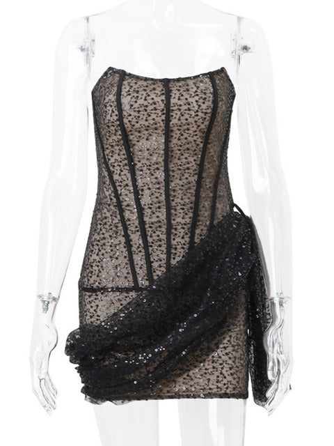 Elegante minivestido ajustado sin tirantes y sexy para mujer, a la moda, con hombros descubiertos, espalda descubierta, sin mangas, con cordones, para fiesta y club.