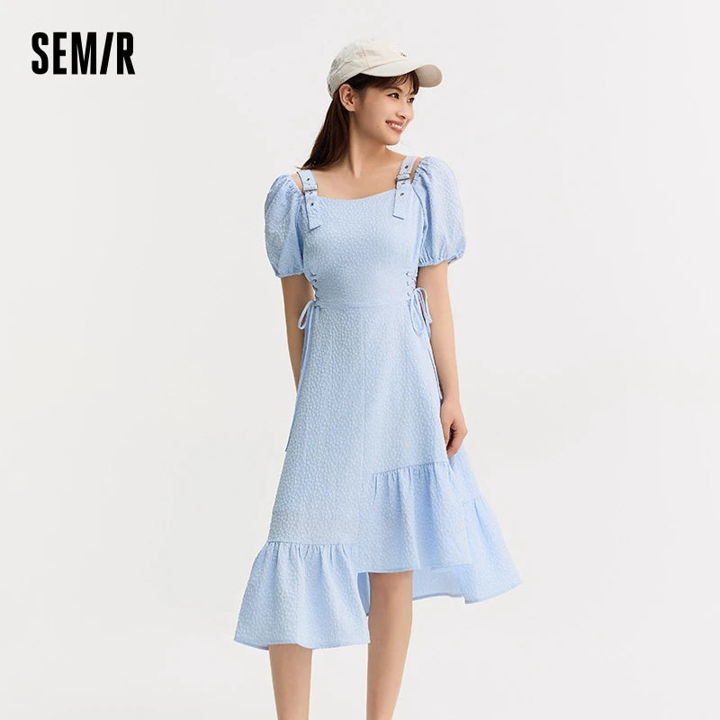 Vestido de mujer con cintura atada, texturizado, elegante y suave, de verano, irregular, con dobladillo con volantes, falda corta con estampado de campanillas, divertido