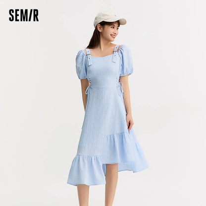 Vestido de mujer con cintura atada, texturizado, elegante y suave, de verano, irregular, con dobladillo con volantes, falda corta con estampado de campanillas, divertido