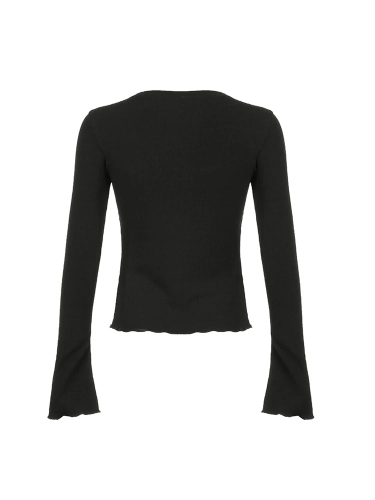 Camiseta elegante de manga acampanada ajustada negra lisa para mujer, sencilla, básica, de punto, para primavera y otoño