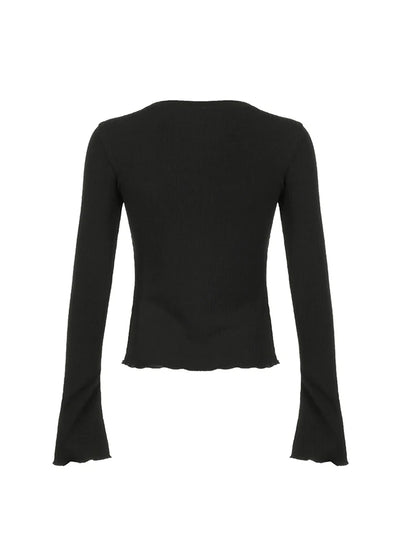 Camiseta elegante de manga acampanada ajustada negra lisa para mujer, sencilla, básica, de punto, para primavera y otoño