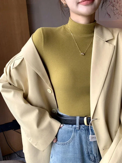 Suéter de cuello alto para mujer, suéter vintage de punto básico liso, jersey informal ajustado, moda coreana, jerséis sencillos y elegantes para otoño e invierno.
