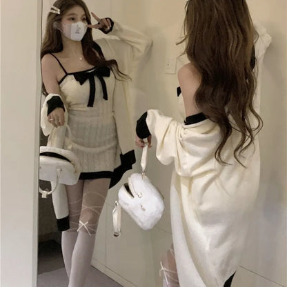 Elegante conjunto de dos piezas de punto para mujer, vestido de fiesta dulce con lazo de diseñador, conjunto de suéter de estilo coreano para mujer, minivestido de invierno.