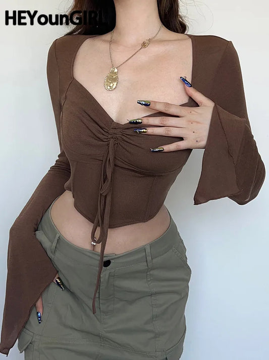 Corset Skinny Cropped Tops Autumn Vintage Lady Flare Sleeve V Neck Tee Shirt Drawstring Sexy Y2K Clubwear Outfits
