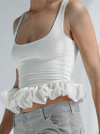Ruffle Trim Women Tops Solid Concise All-matched Summer U-neck Backless Slim Crop Tanks Female Romantic Trend Streetwear