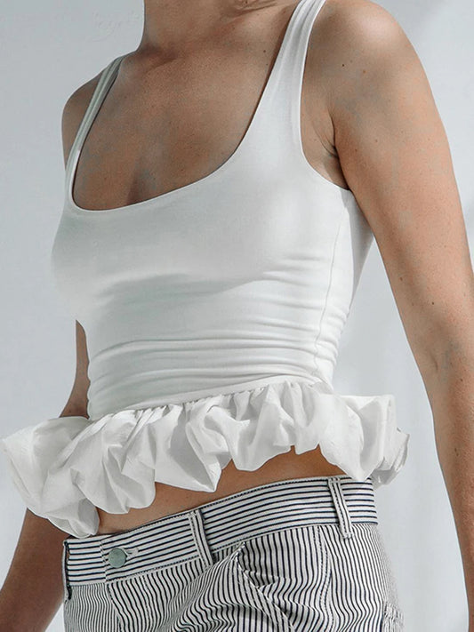 Ruffle Trim Women Tops Solid Concise All-matched Summer U-neck Backless Slim Crop Tanks Female Romantic Trend Streetwear
