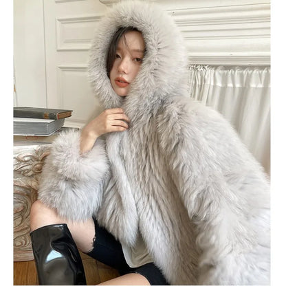 Abrigo de piel sintética de invierno para mujer, con capucha, holgado, de manga larga, chaqueta de piel de lujo de calle, abrigos de moda para mujer, nuevo
