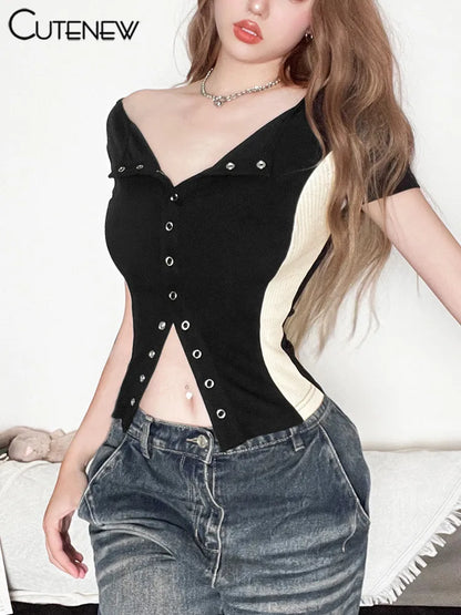 Panelled Classic T-shirts Women Summer New Concise Buttons Short Sleeve V-neck Skinny Tees Female Wild Basic Street Tops