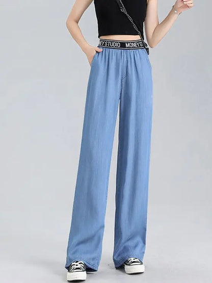 Lyocell Jeans Wide Leg Long Pants Women Straight Loose High Waist Sport Casual Pants Female Office Trousers Lady Work Wear Thin