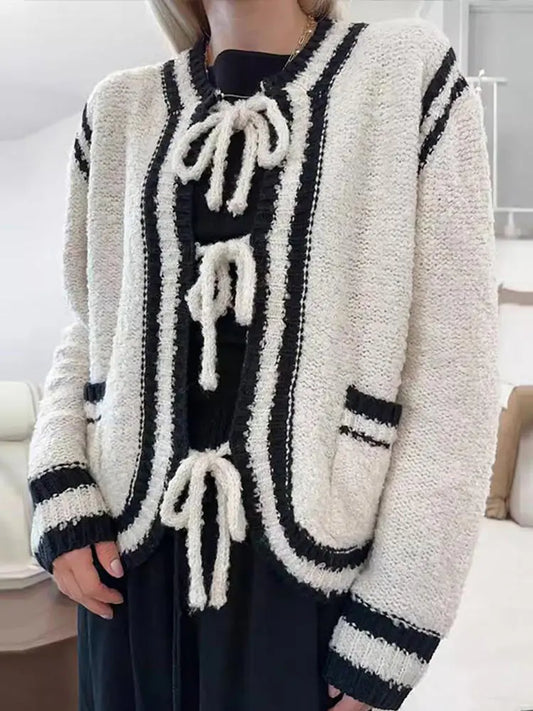 Elegant Knitted Lace Up Cardigan Women Winter Casual Loose Contrast Color O-neck Pockets Sweaters Female Warm Chic Knitwear