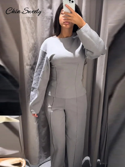 Casual Women’s 2-piece Solid Pants Sets Long Sleeve O-neck Sweatshirts Wide Leg Pleated Trousers  Autumn Lady Lazy Tracksuit