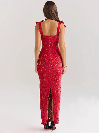 Vestido largo sexy de encaje con lazos para mujer, a la moda, sin mangas, con espalda descubierta, ajustado, para fiesta de cumpleaños de Año Nuevo y club.
