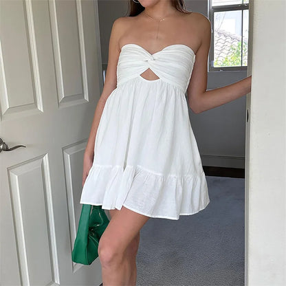 Vestido sin tirantes Y2K para mujer, color liso, hombros descubiertos, sin mangas, con dobladillo con volantes y bolsillos, para fiesta en la playa.
