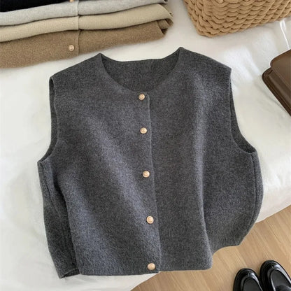 Cárdigan de otoño para mujer, suéter coreano elegante de punto sin mangas, informal, ajustado, a la moda