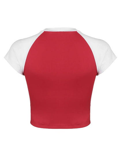 Camiseta informal retro navideña americana con estampado de letras y patchwork en contraste, camiseta deportiva de fútbol, cuello redondo, manga corta, top corto de verano