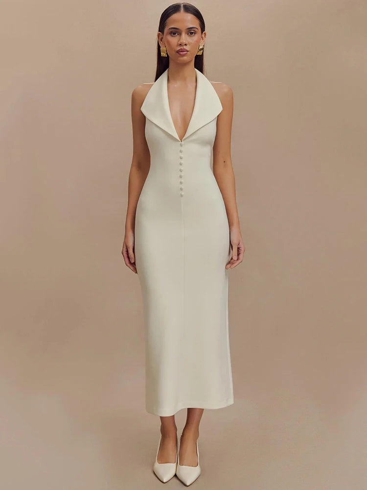 Vestido largo sexy sin mangas con escote en V profundo y cuello halter para mujer, elegante vestido ajustado con espalda descubierta y tirantes finos, vestido largo de moda para mujer