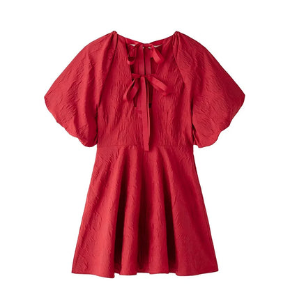 Minivestido retro con cordones en la espalda lisa para mujer, elegante, holgado, de manga corta abullonada, con cuello redondo, para fiesta navideña, ropa de calle