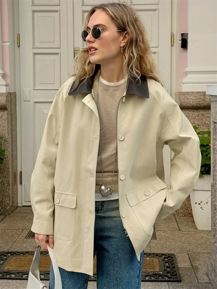 Fashion Pocket Trench Outwear For Women Patchwork Autumn Cardigan Vintage Lapel Loose High Waist Coat Women’s Overcoat New
