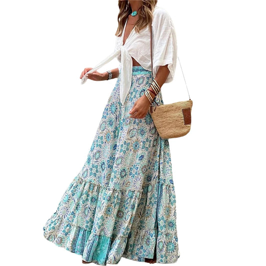 Aesthetic Skirts y2k Women Beach Geometric Floral Print High Waist Ruffle Skirts 2000s Bohemian Skirt Casual Streetwear
