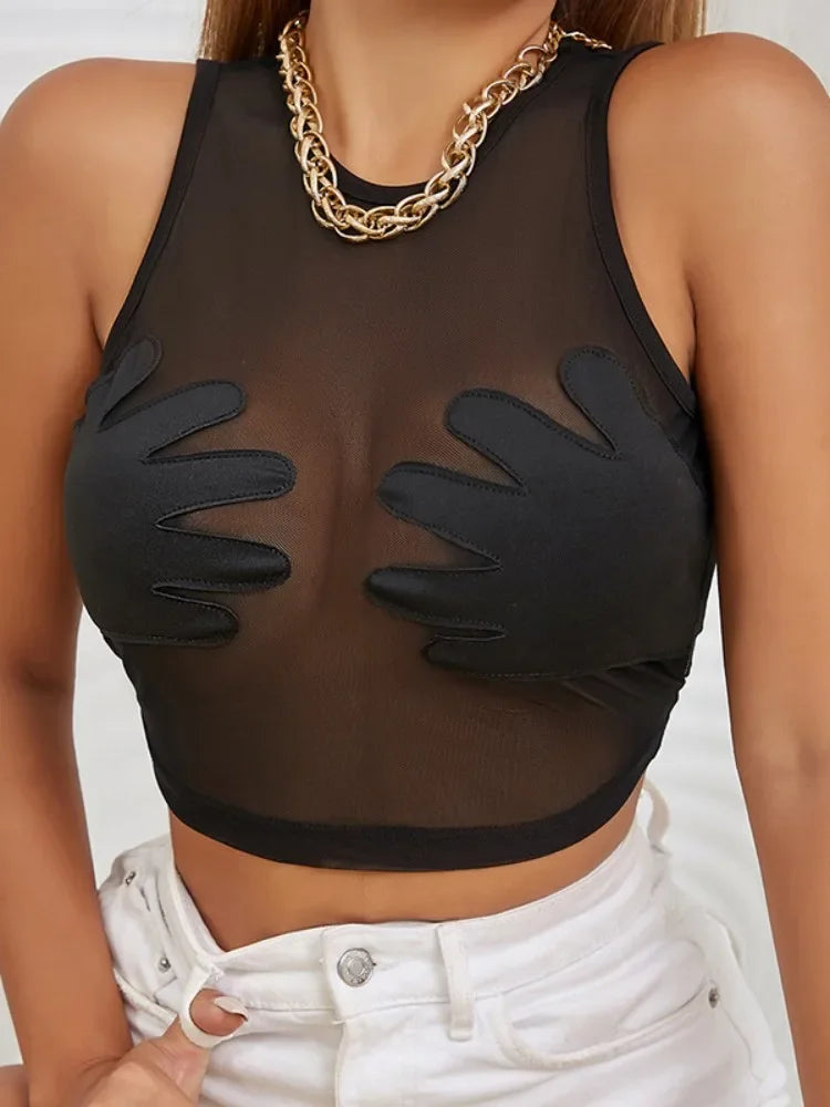 Top Y2k sin mangas con cuello redondo a la moda, top sexy de hilo de red ligeramente transparente para mujer, top corto con bordado de alta elasticidad