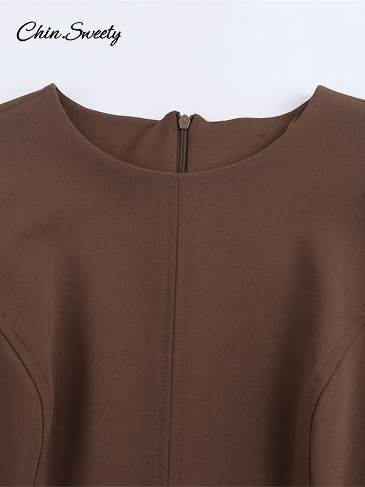 Elegante minivestido plisado para mujer, marrón, cuello redondo, sin mangas, corte A, cintura alta, vestidos de fiesta, moda informal, nuevo, batas con cremallera