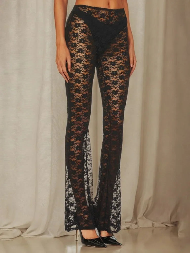 Pantalones largos acampanados informales de moda Y2K con diseño entallado de malla y retazos para mujer, pantalones de cintura alta con estampado floral y elásticos para mujer