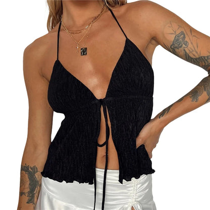 Summer Crop Top y2k Aesthetic Women Solid Color Spaghetti Strap Sleeveless Lace Up Bandage Tanks Halter Vest Streetwear