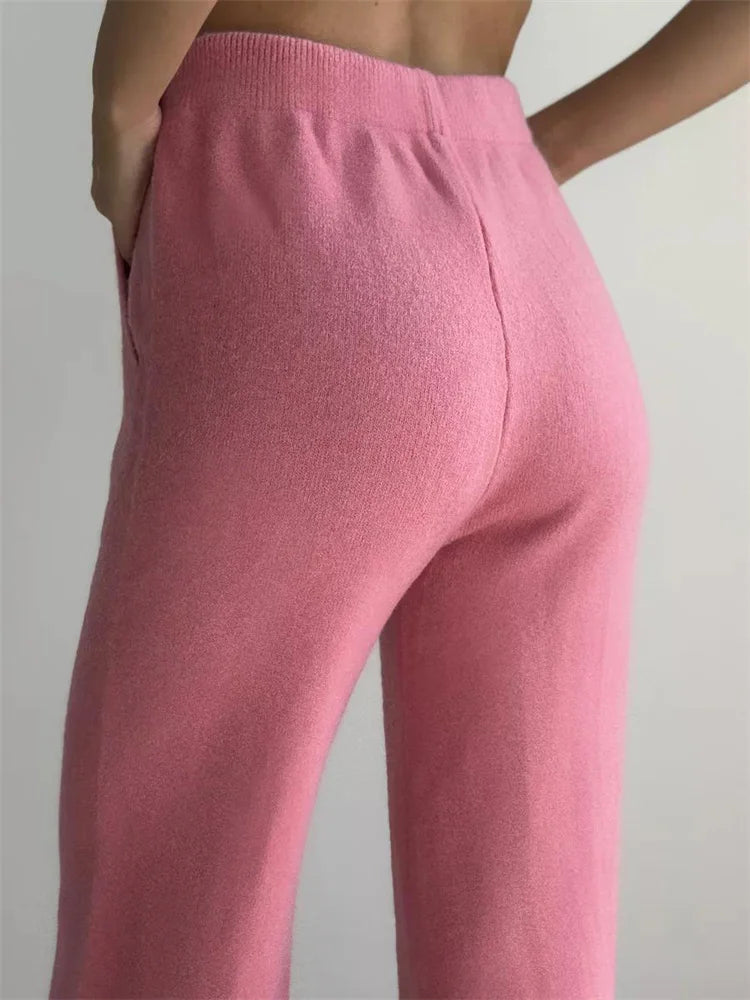 Conjunto de pantalón de punto con cremallera para mujer, jersey de manga larga con solapa entallada y pierna recta de patchwork, conjunto de 2 piezas para invierno