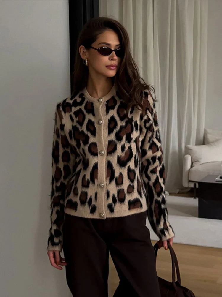 Vintage Knitted Leopard Cardigan Women Casual Slim Single Breasted O-Neck Sweaters Female Chic Versatile Basic Street Knitwear