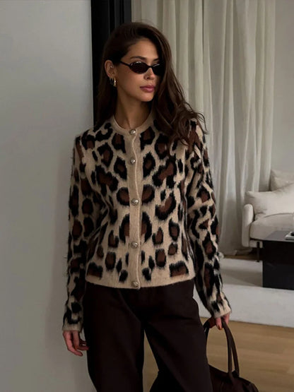 Vintage Knitted Leopard Cardigan Women Casual Slim Single Breasted O-Neck Sweaters Female Chic Versatile Basic Street Knitwear