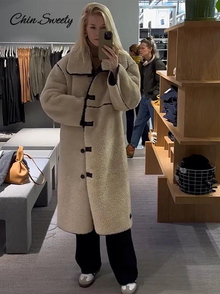Fashion Beige Faux Fur Long Coat Women Winter Buttons Lapel Long Sleeve Lamb Fleece Jacket 2025 New Lady Loose Street Outerwear