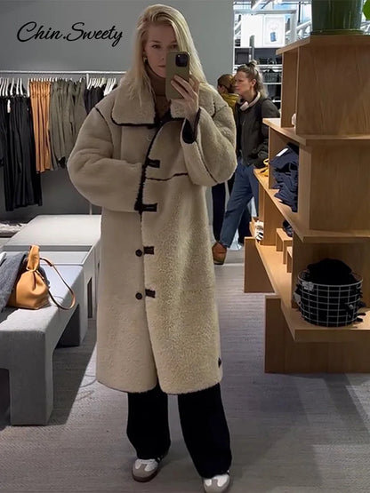 Fashion Beige Faux Fur Long Coat Women Winter Buttons Lapel Long Sleeve Lamb Fleece Jacket 2025 New Lady Loose Street Outerwear