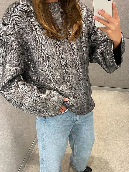 Suéter de punto vintage con cuello redondo para mujer, informal, holgado, plateado, de manga larga, para invierno, elegante, para la calle
