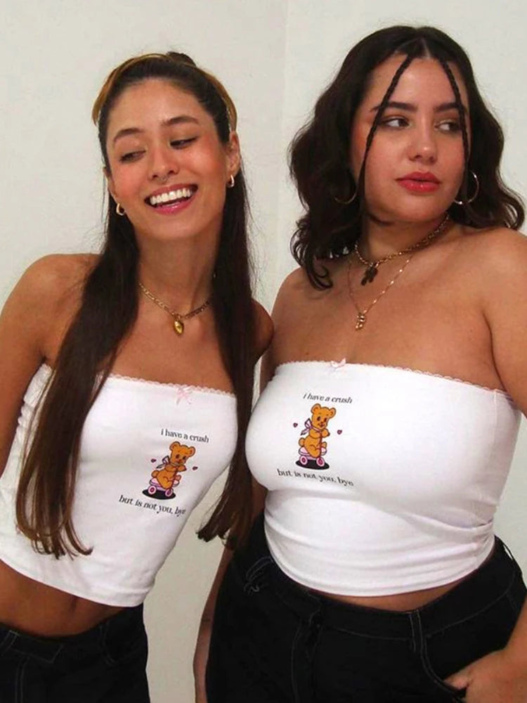 Top de corsé blanco sin mangas de verano con estampado de letras de oso bonito, top corto sexy ajustado para mujer, ropa de moda con lazo de encaje, ropa de mujer