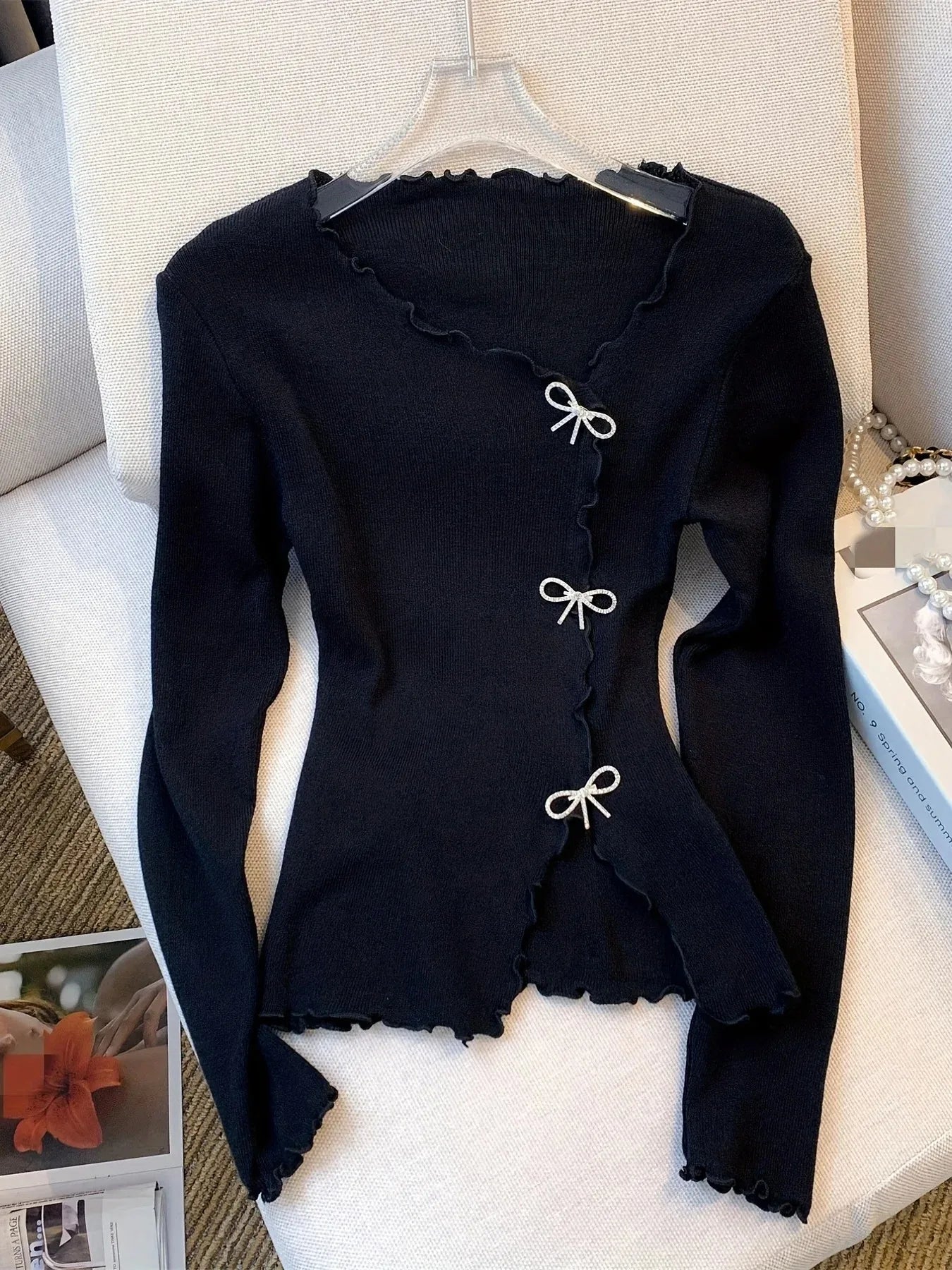 Suéter informal de manga larga con lazo y ribete de lechuga en blanco y negro, estilo Y2K, para primavera y otoño, para mujer