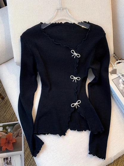 Suéter informal de manga larga con lazo y ribete de lechuga en blanco y negro, estilo Y2K, para primavera y otoño, para mujer