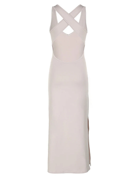 Cross Backless Sexy Long Boho Halter Dresses For Women Khaki Solid Split Elegant Simple Summer Vacation Dress