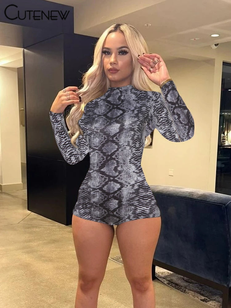 Popular Leopard Print Women Playsuit Autumn New Fashion Full Sleeve O-neck Skinny Stretch Rompers Mujer Street Clubwear