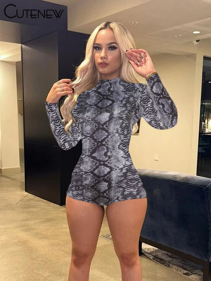 Popular Leopard Print Women Playsuit Autumn New Fashion Full Sleeve O-neck Skinny Stretch Rompers Mujer Street Clubwear
