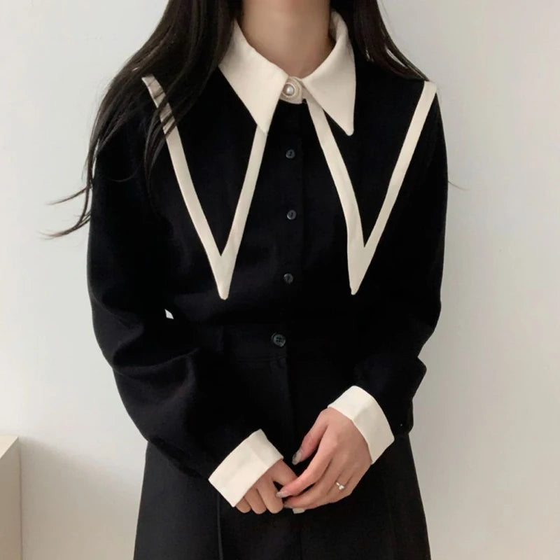 Vintage Shirts Women Korean Patchwork Black Long Sleeve Blouses Office Ladies Elegant Red Casual Chic Chiffon Tops New