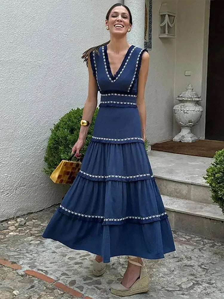 Vestido largo elegante con volantes y estampado de borlas empalmadas para mujer, cuello en V, sin mangas, corte A, elegante bata de fiesta para mujer