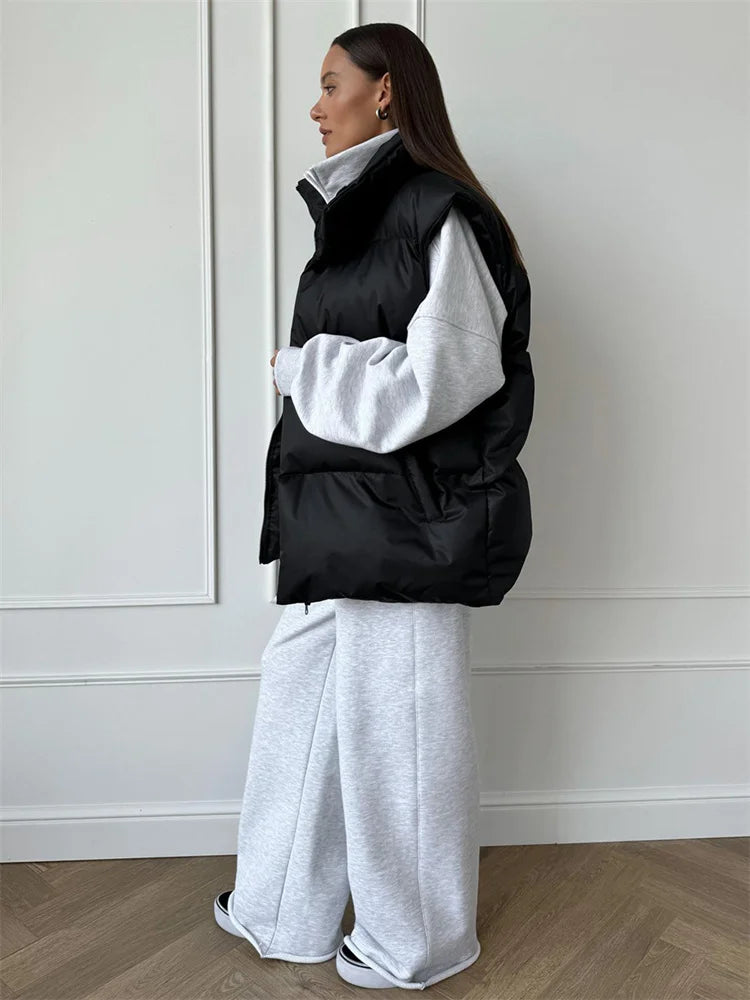 Chaquetas informales holgadas sin mangas, parkas para mujer, ropa de calle de invierno, prendas de vestir exteriores para mujer, camiseta sin mangas con solapa, abrigo de retazos