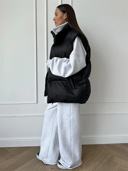 Chaquetas informales holgadas sin mangas, parkas para mujer, ropa de calle de invierno, prendas de vestir exteriores para mujer, camiseta sin mangas con solapa, abrigo de retazos