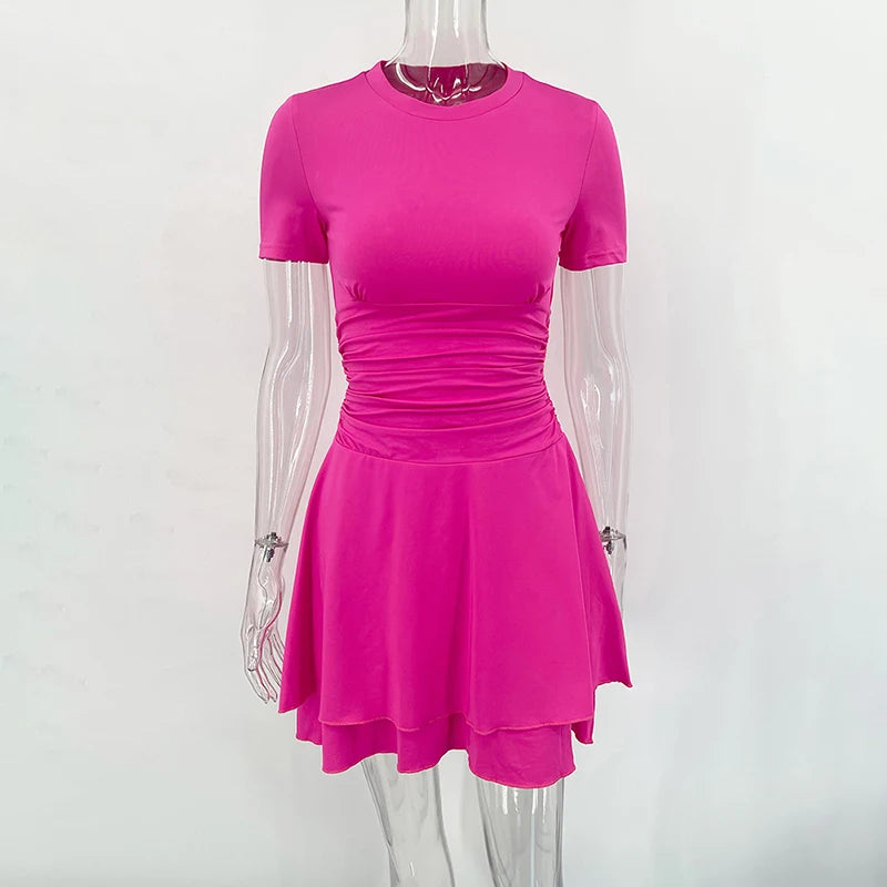 Fashion Folds Ruffled Mini Dress For Women Summer New Solid Color Short Sleeves Female Clubs Party Sexy Slim Fit Dress